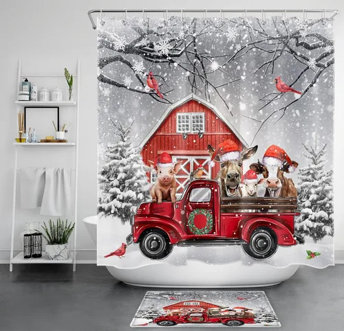 Miniatura 8 de LB Christmas Red Truck Shower Curtain for Bathroom, Farm Animal with Xmas Hat and Cardinal with Pine Tree Fabric Shower Curtain with Hooks, Grey