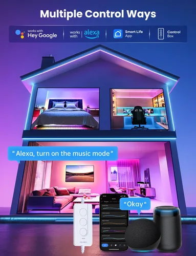 Miniatura 6 de Tira de luz LED RGB+IC, luz LED inteligente de 32.8 pies para dormitorio, control de aplicación Bluetooth, tira de iluminación LED que cambia