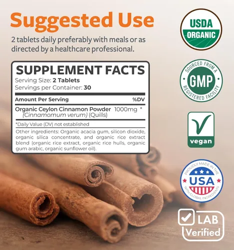 Miniatura 4 de Pastillas orgánicas de canela de Ceilán USDA – Suplemento de canela de Ceilán de alta potencia con 1000 mg por porción para apoyo antioxidante