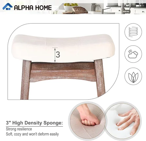 Miniatura 3 de ALPHA HOME Taburete de bar, taburete de cocina de silla de montar de madera maciza con cojín de tela de lino beige, taburete de bar de altura