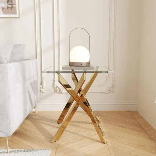 Miniatura 12 de Mesa de centro de cristal de 47 pulgadas con parte superior de vidrio templado y patas de metal dorado, mesa central rectangular moderna para sala