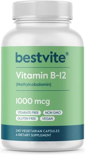 BESTVITE Vitamina B12 (metilcobalamina) 1000mcg (240 cápsulas vegetarianas) (metilo B12) - Sin estearatos - Vegano - Sin OMG - Sin gluten