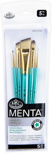 Royal & Langnickel Menta - Juego de 5 pinceles angulares variados para pinturas acrílicas, incluye pinceles angulares, filbert, sombreador y redondos