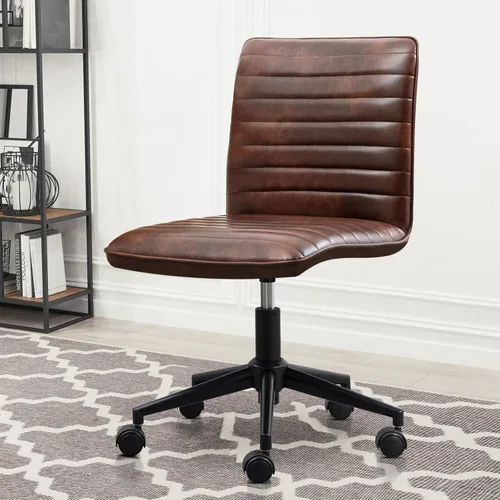 Furniliving Silla de cuero para oficina en casa, silla de trabajo de escritorio sin brazos con ruedas, silla giratoria de 360° para computadora con
