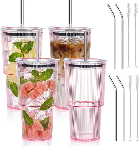 Miniatura 14 de 2 Pcs 20oz Plastic Ribbed Tumblers with Lid and Straws Blue Plastic Reusable Iced Coffee Cups with Lid Unbreakable Vintage Ribbed Drinking Glasses