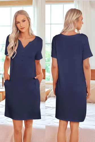 Miniatura 5 de Ekouaer Camisón de enfermería a rayas para mujer, manga corta, vestido de dormir para lactancia materna, partobata de trabajo