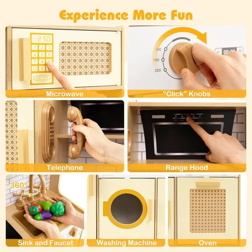Miniatura 5 de HONEY JOY Cocina de Juguete de Madera con Diseño de Ratán, Juego de Cocina de Juguete para Niños Pequeños, Estufa con Luces y Dispensador de Agua