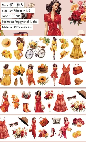 Materiales florales Retro Niñas Decoración PET Washi Cinta con Shell Efecto Brillante para Bullet Journal y Scrapbooking (90603)