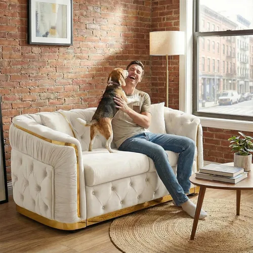 Miniatura 7 de Sofá Chesterfield de 62.6 pulgadas, moderno de mediados de siglo, sofá de terciopelo blanco beige y dorado, sofás de lujo para sala de estar