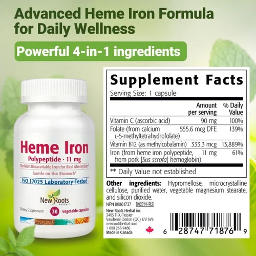 Miniatura 7 de NEW ROOTS HERBAL Suplemento de hierro hemo Fórmula 4 en 1 con vitamina C, B12, folato para una mejor absorción Aumenta la hemoglobina