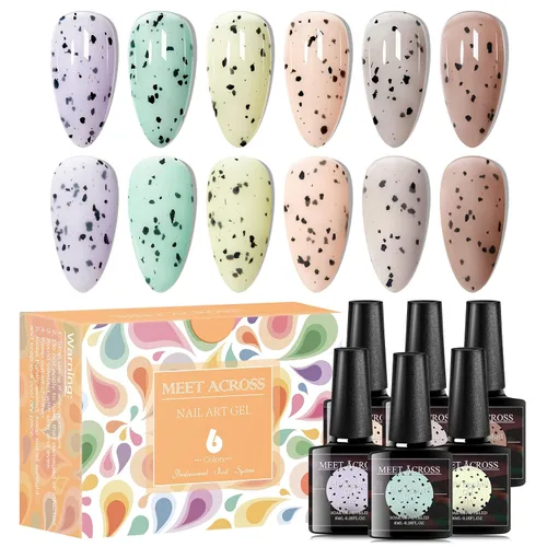 MEET ACROSS Jelly Eggshell - Juego de 6 esmaltes de uñas de gel, color rosa, verde, morado, esmalte de gel agrietado, colección de macarrones,