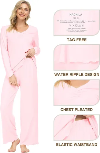 Miniatura 4 de NACHILA Conjunto de pijama de bambú de manga larga para mujer, conjunto de pantalones de pijama suave S-XXL