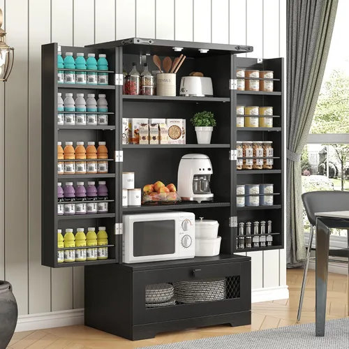 Miniatura 14 de kepptory Gabinete de almacenamiento de despensa de cocina de 72 pulgadas de alto, armario de bar independiente con luz LED RGB, aparador de cocina
