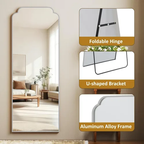 Miniatura 7 de Espejo arqueado plateado de cuerpo entero de 21"x56", para colgar en la pared o de piso con marco de metal, espejo arqueado decorativo moderno