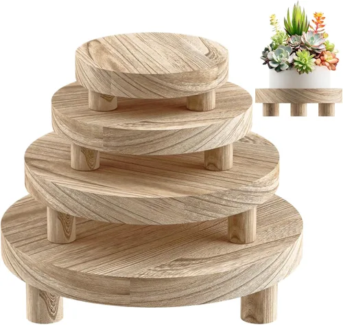 Miniatura 12 de 3 Piezas Soporte de Madera para Plantas Interior Exterior, Elevador Redondo de Madera para Decoración Taburete de Madera de 6/8/10 pulgadas Soporte