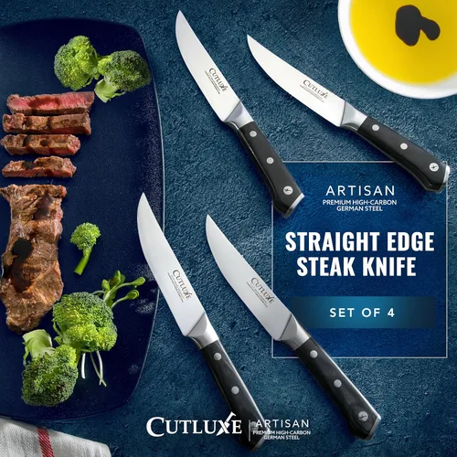 Miniatura 4 de Cutluxe Juego de 4 cuchillos para carne, juego de cuchillos para carne de borde recto, acero alemán forjado de alto carbono, espiga completa, diseño