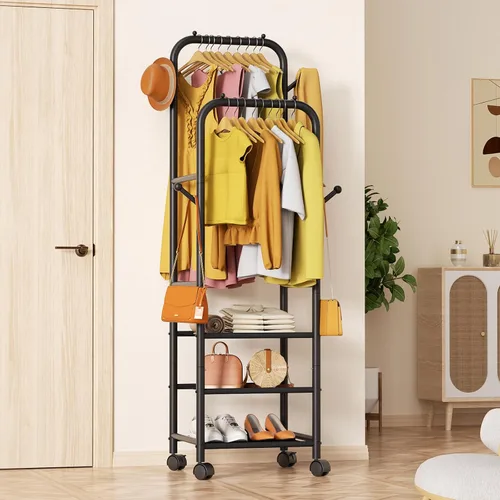 Miniatura 2 de Furologee - Percheros enrollables para colgar ropa, con dobles varillas, con ruedas, perchereros resistentes, perchero metálico portátil