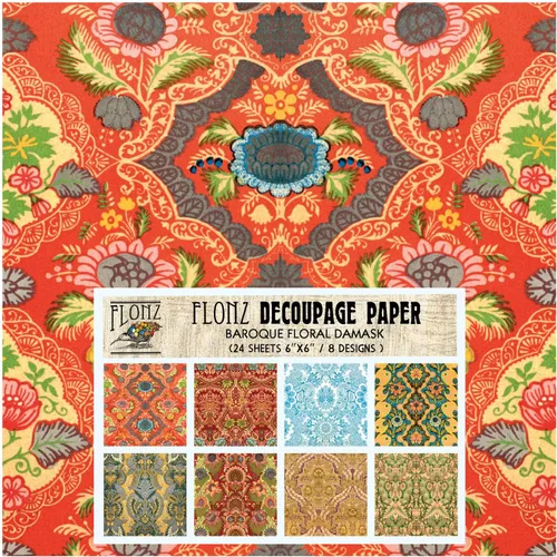 Decoupage - Paquete de papel (24 hojas de 6 x 6 pulgadas), diseño floral barroco de damasco FLONZ, papel vintage para decoupage, manualidades y Diez