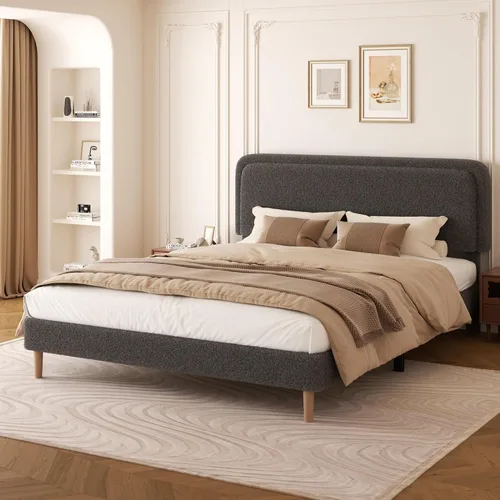 Miniatura 10 de Marco de cama tapizado Boucle de tamaño matrimonial con cabecera ajustable, cama de nube suave, no necesita somier, fácil montaje, sin ruido