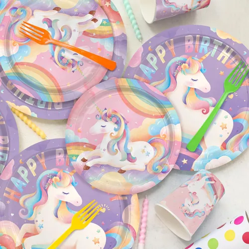 Miniatura 3 de Kit de suministros de fiesta de cumpleaños para 24 invitados, para decoraciones de cumpleaños de unicornio, incluye platos de cena y postre