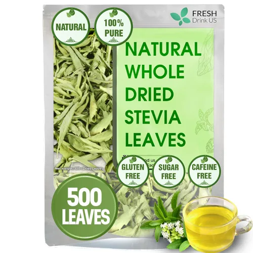 FreshDrinkUS, Más de 500 hojas de stevia naturales, hojas secas enteras, hojas secas de estevia 100% puras, edulcorante cero calorías, sin aditivos,