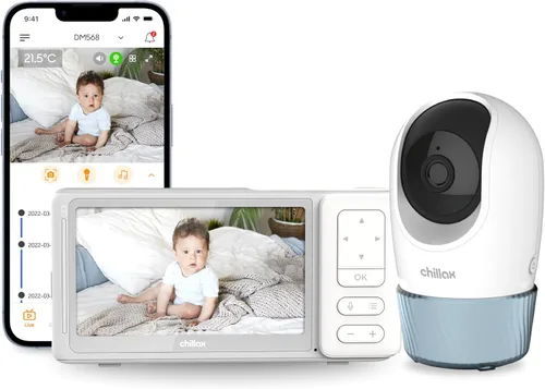 CHILLAX DM568 Video Baby Monitor - Monitor de bebé QHD de 2K con cámara y audio con zoom panorámico remoto, pantalla a color de 5 ″ 720p, LED de