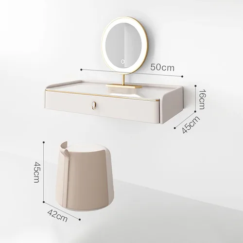 Miniatura 2 de Mesa de tocador de maquillaje montada en la pared con espejo iluminado, estante de almacenamiento de escritorio de maquillaje con cajones y taburete