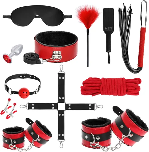 Miniatura 11 de Rbenxia 12 piezas de kits de restricciones BDSM Bondage para el sexo, esposas de fetiche, esposas de tobillo, collar, venda para los ojos, látigo
