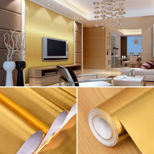 Miniatura 2 de WENMER Papel tapiz dorado metálico para despegar y pegar de 17.71 x 590 pulgadas, papel de contacto con aspecto de metal cepillado, decoración