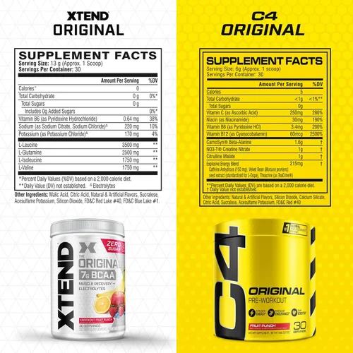 Miniatura 5 de Paquete de preentrenamiento y BCAA de Cellucor, polvo Original C4 de preentreno, ponche de frutas, 30 porciones + XTEND BCAA en polvo, ponche