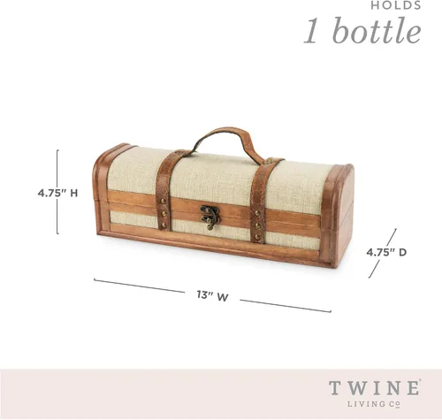 Miniatura 3 de Twine Caja de regalo vintage para botella de vino, caja de vino de madera con tapa y asa, madera, piel sintética, latón, tela, capacidad para 1