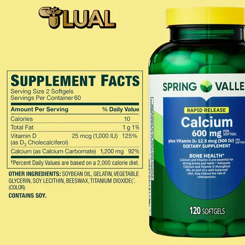 Miniatura 3 de Spring Valley Calcio 600 mg + vitamina D3, 120 cápsulas blandas, salud ósea, dientes fuertes y apoyo para la osteoporosis, cápsulas de liberación