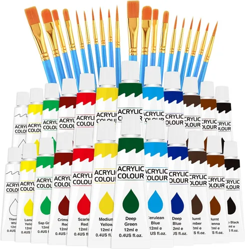 ESRICH Juego de pintura acrílica de 12 colores (paquete de 2) con 20 pinceles, 24 pinturas acrílicas para adultos, principiantes, artistas