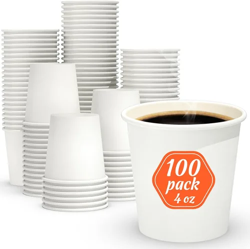 Dealusy 100 unidades de tazas de café de 4 oz, tazas de papel seguras para alimentos sin fugas de 4 oz, tazas de papel desechables de 4 oz blancas