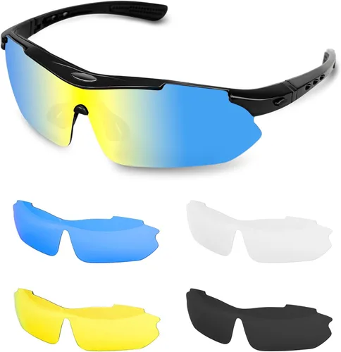 Gafas de sol polarizadas para hombres y mujeres, 5 lentes con protección UV, antirreflejos, para deportes, béisbol, correr Negro claro