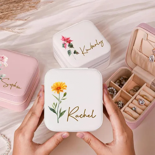 Miniatura 3 de Yofair Se envía al día siguiente, joyero personalizado para niñas, joyero de viaje personalizado con flor de nacimiento, regalos para niñas