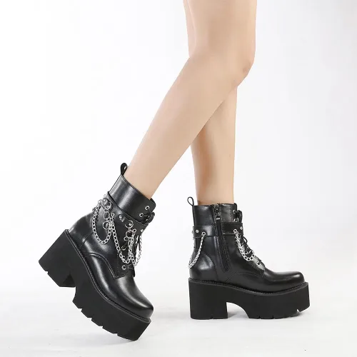 Miniatura 8 de mikarka Botas de plataforma de cadena para mujer, con cordones y cremallera, tacón grueso, botines de combate negros, botas de motocicleta