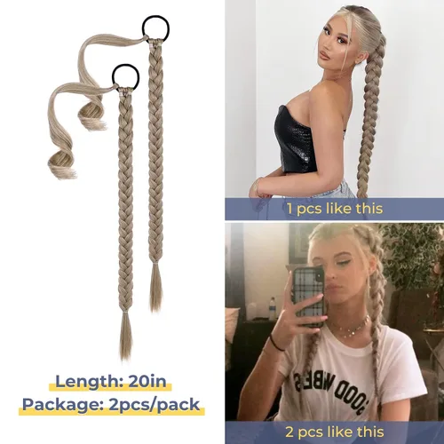 Miniatura 2 de YOGFIT 2 piezas Extensión de cola de caballo trenzada DIY, extensión de cabello sintético suave y natural para mujer, cola de caballo larga recta