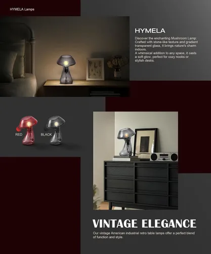Miniatura 4 de V06 - Lámpara de mesa vintage con forma de hongo, lámparas de mesita de noche regulables con vidrio transparente, lámpara de noche negra retro
