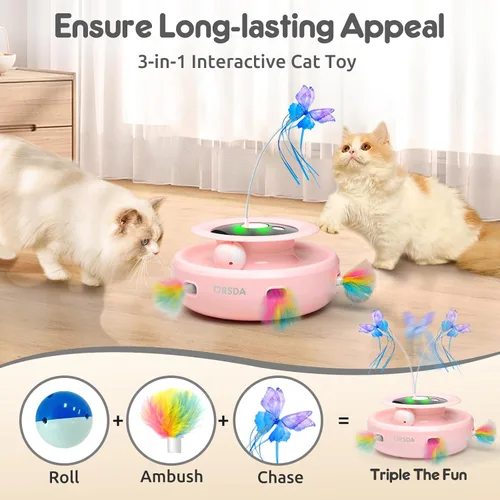 Miniatura 6 de ORSDA Juguete para gatos, juguete interactivo electrónico automático 3 en 1 con plumas de emboscada en movimiento, mariposa revoloteante, bolas