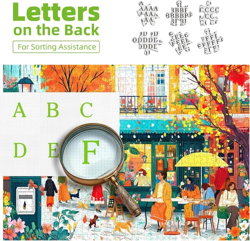 Miniatura 3 de Rompecabezas de escena de café de otoño para adultos, 500 piezas, colorido rompecabezas de calle con letras en la parte posterior, rompecabezas