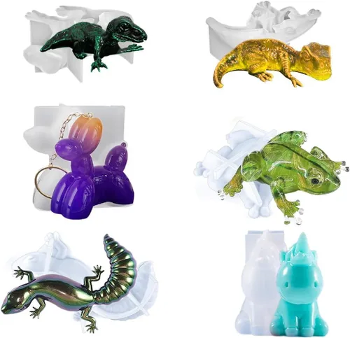 6 moldes de resina de animales, rana, lagarto, perro, unicornio, dinosaurio 3D realista de silicona para resina epoxi, molde único para
