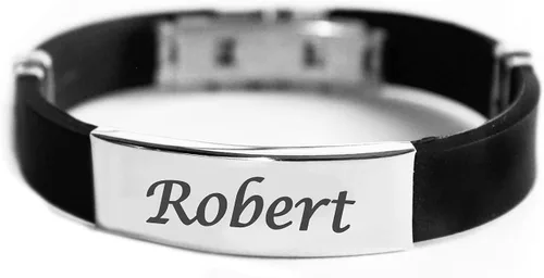 Pulsera de nombre ROBERT Pulsera de silicona para hombre personalizable y grabada en tono plateado. Incluye caja de regalo y bolsa de regalo. Placa