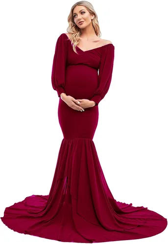 Miniatura 2 de ZIUMUDY Vestido de sirena ajustado de maternidad para sesión de fotos, manga larga, falda de gasa escalonada, vestido de accesorios para fotos