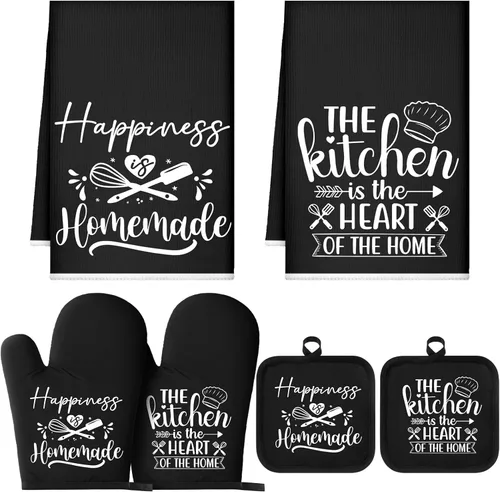 Sratte Juego de 6 Piezas de Accesorios de Decoración de Cocina Estilo Granja Toallas Agarraderas Manoplas de Horno Juego de 2 Paños de Cocina 2 Negro