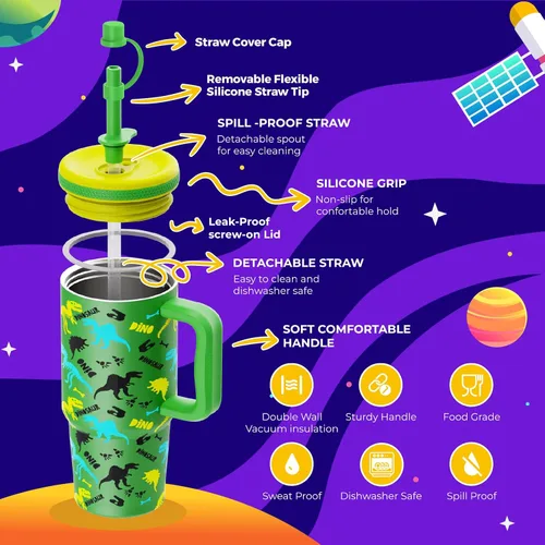 Miniatura 2 de Taza para niños de 24 onzas con asa, tapa de rosca a prueba de fugas con pajita de silicona extraíble, a prueba de derrames, botella aislada