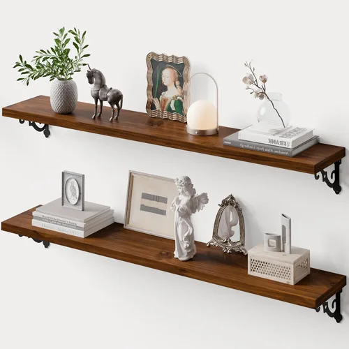 Miniatura 11 de Estantes flotantes de madera maciza para pared con soportes de metal, estante de pared de madera de pino de 2 niveles de 36 pulgadas, adecuado