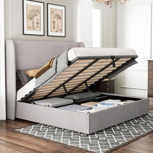 Miniatura 11 de Jocisland - Base de cama tamaño Queen con plataforma de almacenamiento abatible, tapizada en lino, con cabecera abatible moderna/almacenamiento