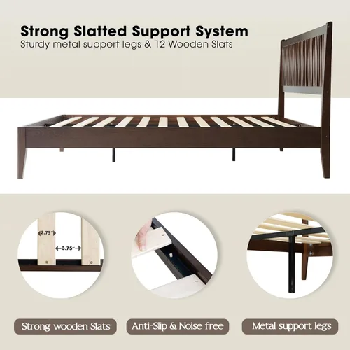 Miniatura 7 de Base de cama de plataforma de madera maciza tamaño King con cabecero y estribo, 12 listones resistentes, patas centrales de metal, almacenamiento