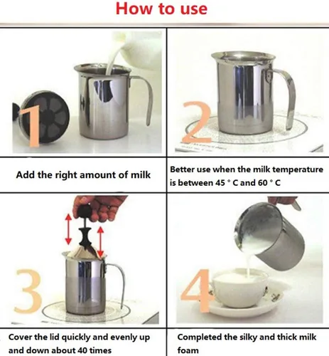 Miniatura 5 de Espumador manual de doble capa de acero inoxidable 304 para café con leche, etc. (14 oz)